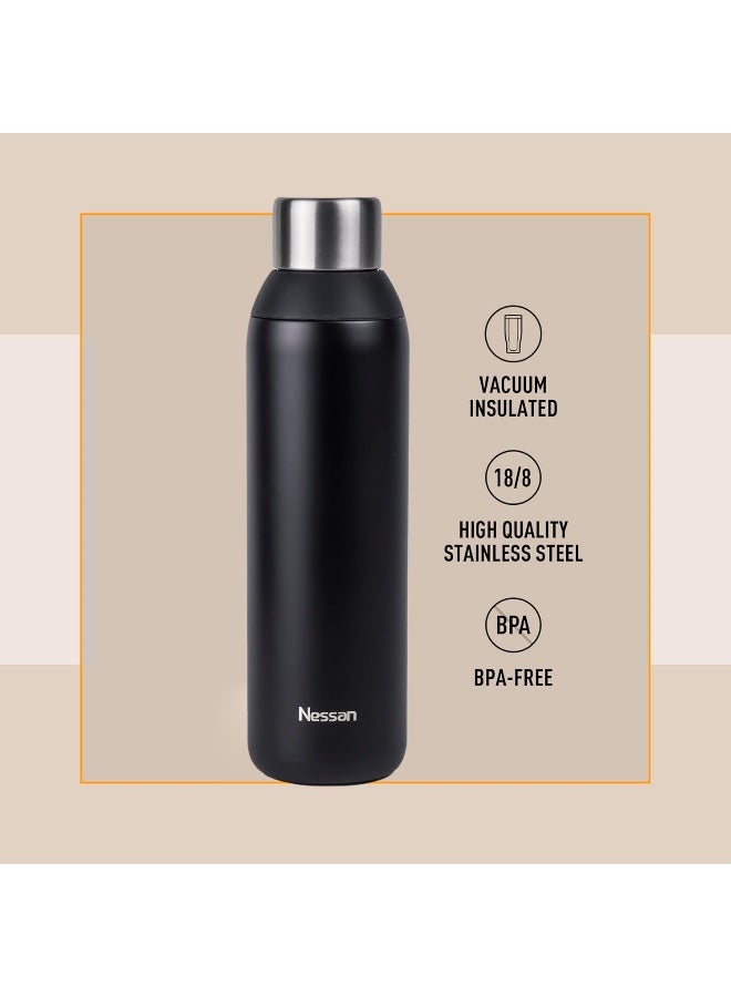 Double Wall Insulated Stainless Steel Vacuum Bottle, 603Ml - Your Reliable Travel Flask For Hot And Cold Beverages - Black