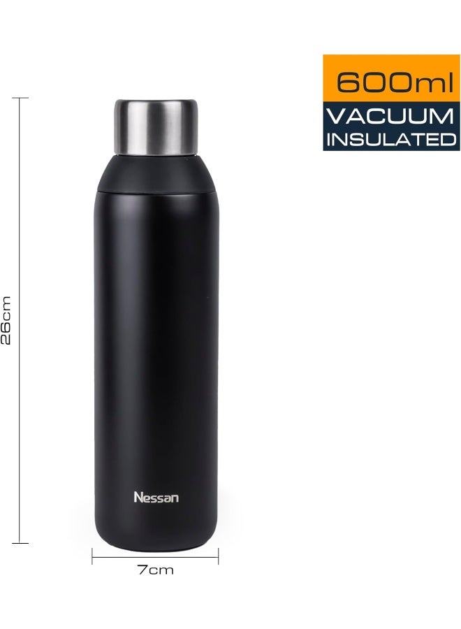 Double Wall Insulated Stainless Steel Vacuum Bottle, 603Ml - Your Reliable Travel Flask For Hot And Cold Beverages - Black