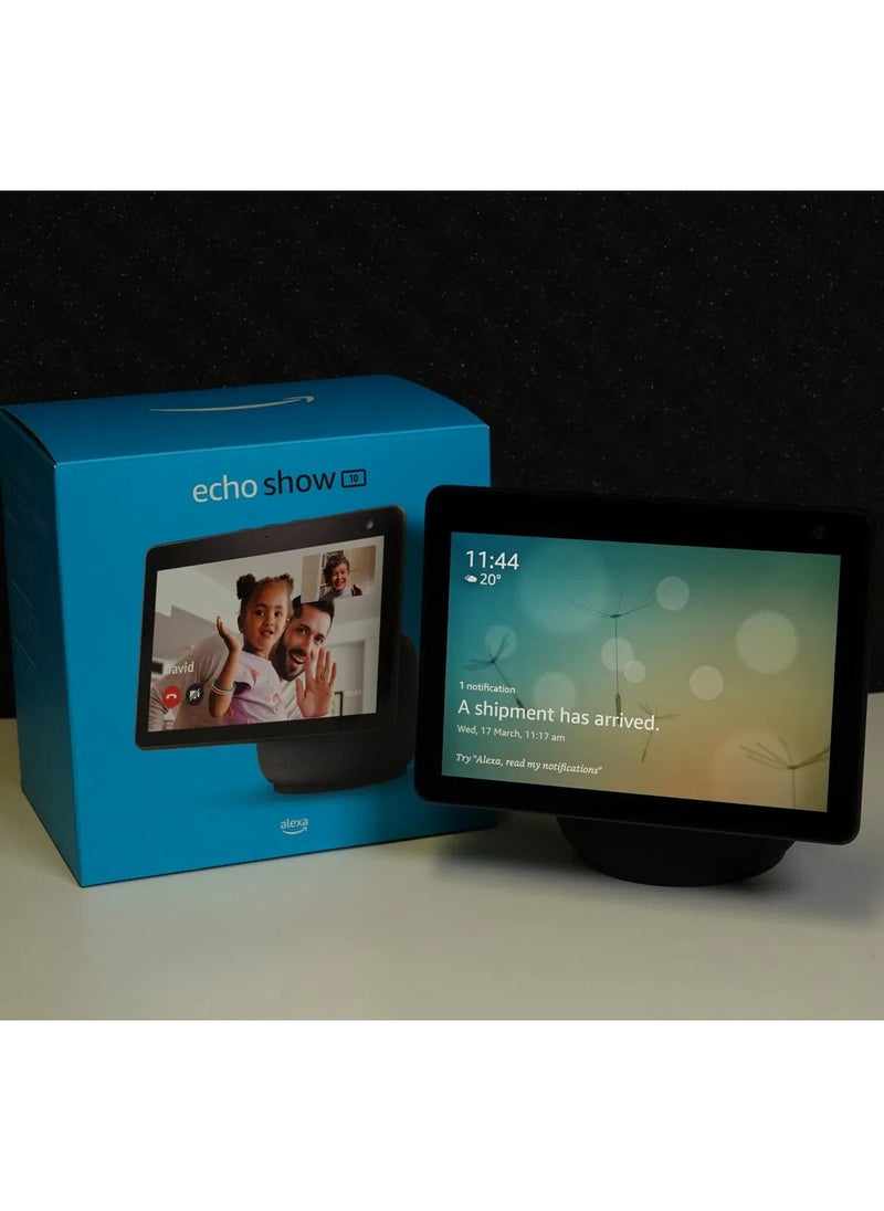 إيكو شو 10 | شاشة ذكية عالية الدقة مقاس 10 بوصات مع الحركة والبلوتوث وأليكسا استخدم صوتك للتحكم في أجهزة المنزل الذكية وتشغيل الموسيقى أو القرآن الكريم والمزيد (يتحدث الإنجليزية والخليجية) أسود