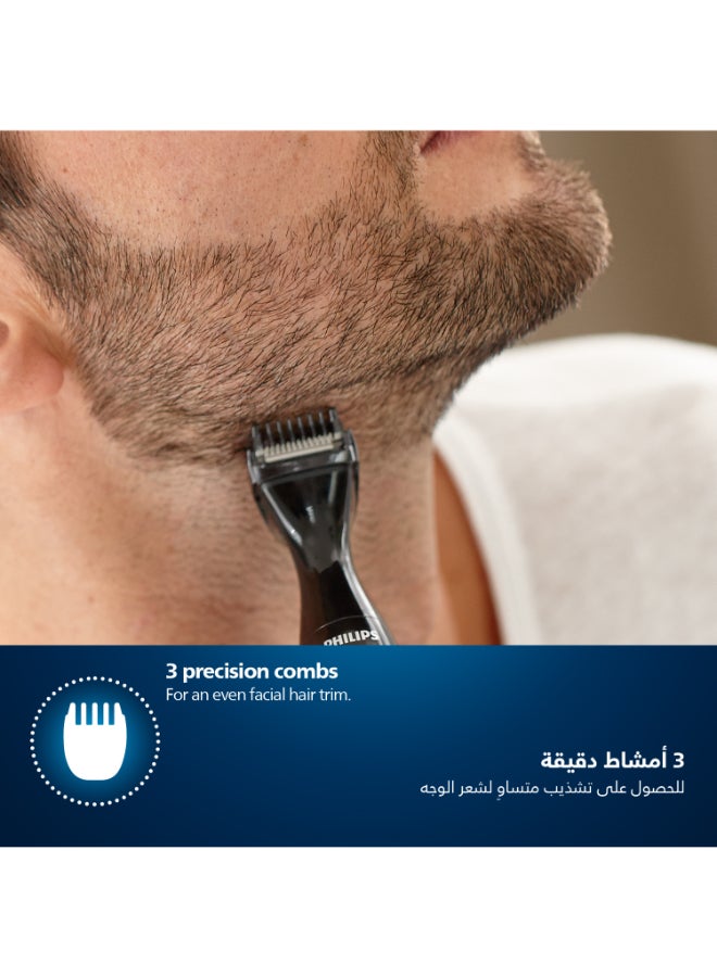 Multigroom MG1100/16,Ultra-Precise Beard Styler,3 Precision Combs, Fully Washable,AA Battery Included Black/Grey