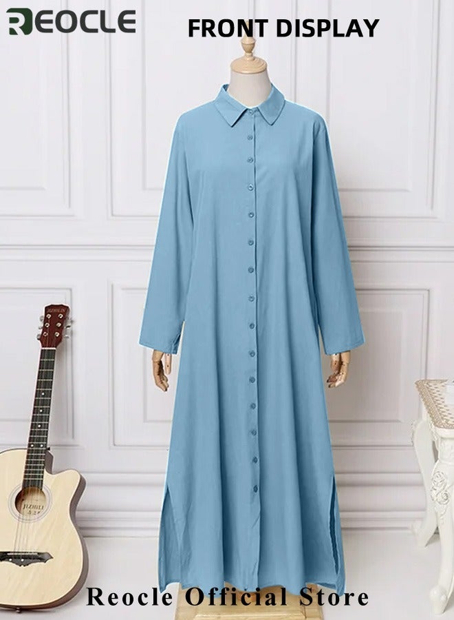 Women's Shirt Dress with Basic Loose Fit Solid Color Long Sleeved Simple Casual Long Dress Slim Dress with Pockets