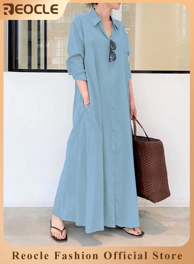 Women's Shirt Dress with Basic Loose Fit Solid Color Long Sleeved Simple Casual Long Dress Slim Dress with Pockets