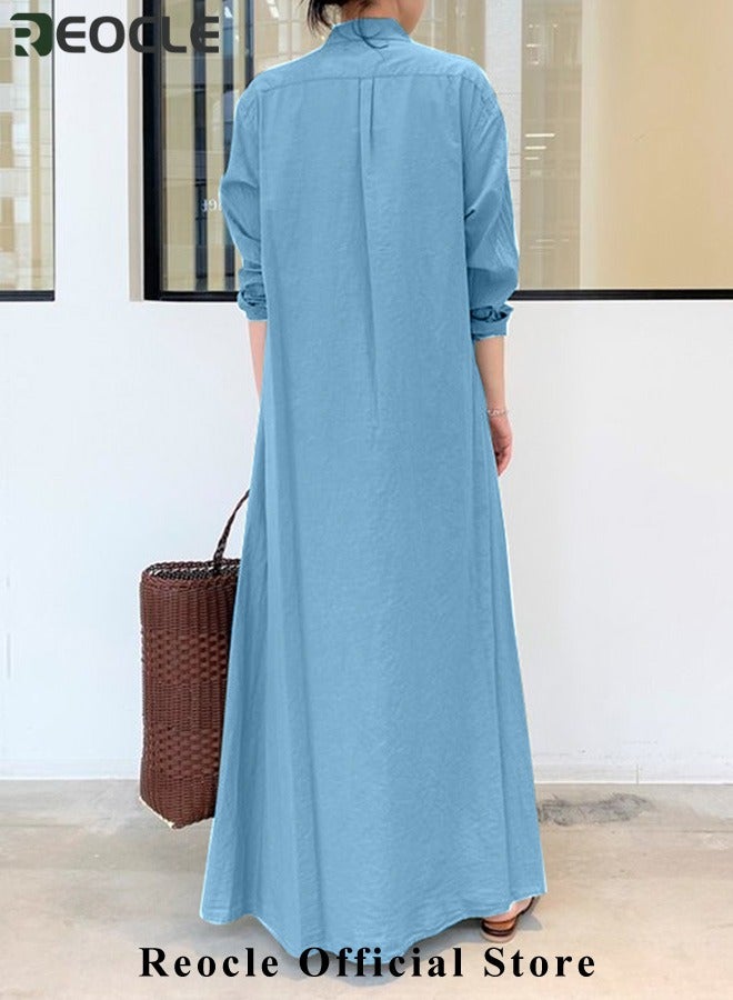 Women's Shirt Dress with Basic Loose Fit Solid Color Long Sleeved Simple Casual Long Dress Slim Dress with Pockets