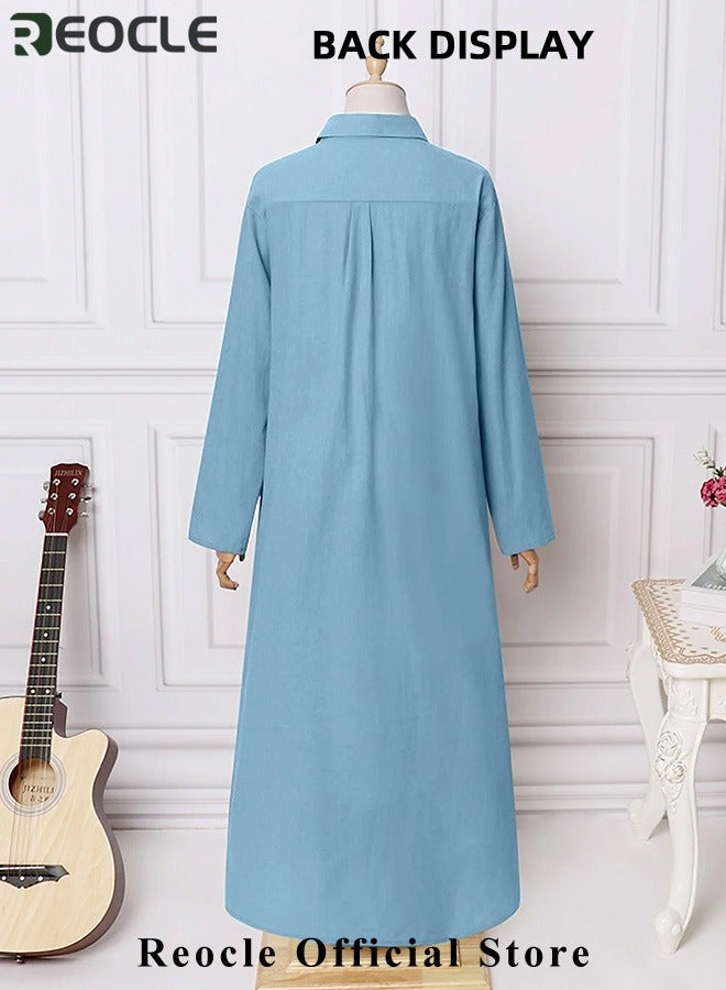 Women's Shirt Dress with Basic Loose Fit Solid Color Long Sleeved Simple Casual Long Dress Slim Dress with Pockets