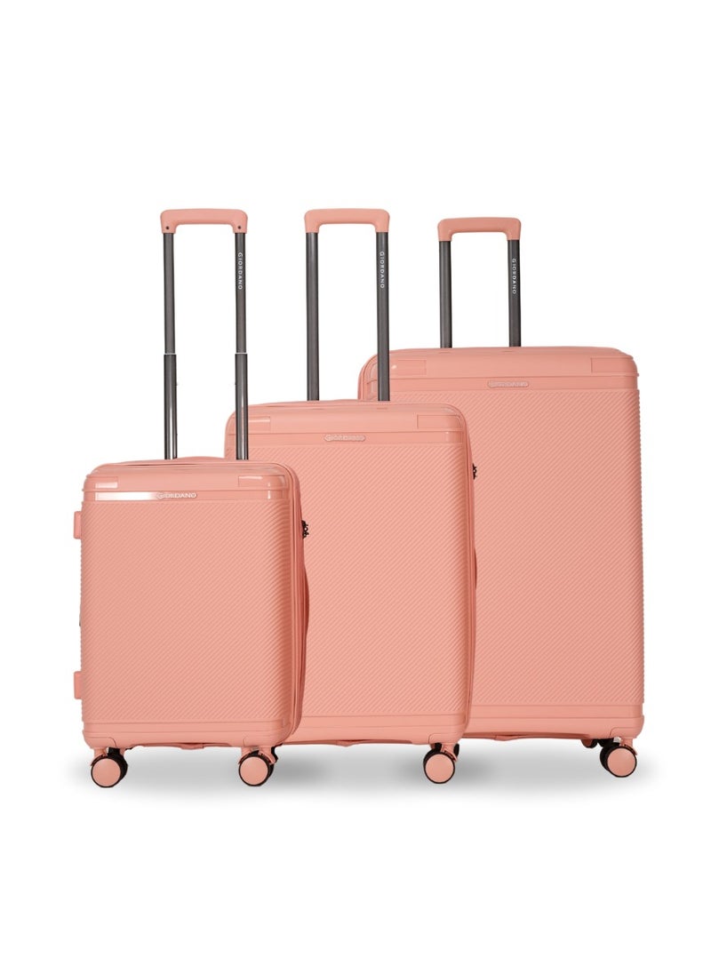 Giordano League Luggage Set PP Hardshell Travel Business Suitcase, Durable Hardside Unbreakable Lightweight Expandable Anti-theft Zip 4 Double Wheel TSA Lock 3pcs Trolley (20+24+28 Inch).Pink