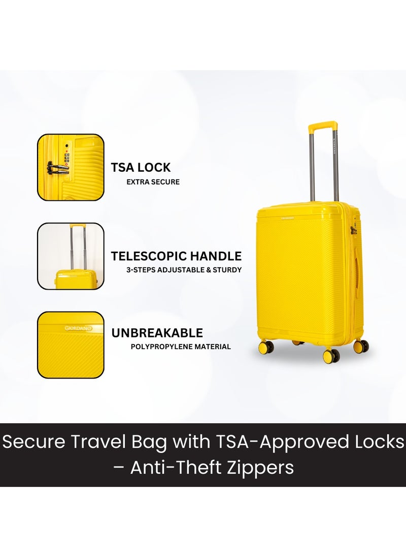 Giordano League Luggage Set PP Hardshell Travel Business Suitcase, Durable Hardside Unbreakable Lightweight Expandable Anti-theft Zip 4 Double Wheel TSA Lock 3pcs Trolley (20+24+28 Inch).Yellow