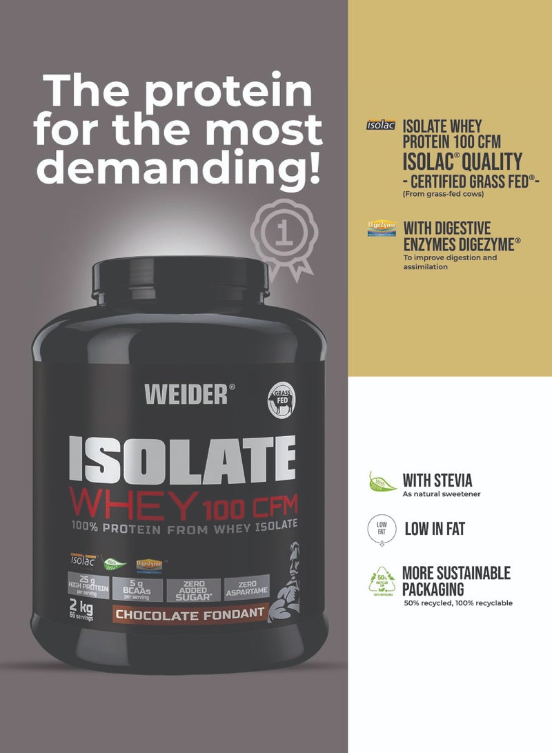 Isolate Whey 100 CFM 2kg Chocolate Fondant Flavour. Protein Powder with 25g Proteins and 5g BCAAs per Serving. Low Sugar. Aspartame-Free.