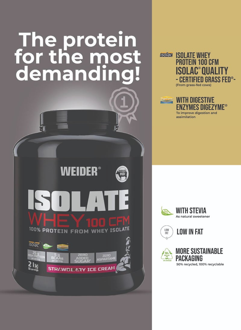 Isolate Whey 100 CFM 2kg Strawberry Icecream Flavour. Protein Powder with 25g Proteins and 5g BCAAs per Serving. Low Sugar. Aspartame-Free.