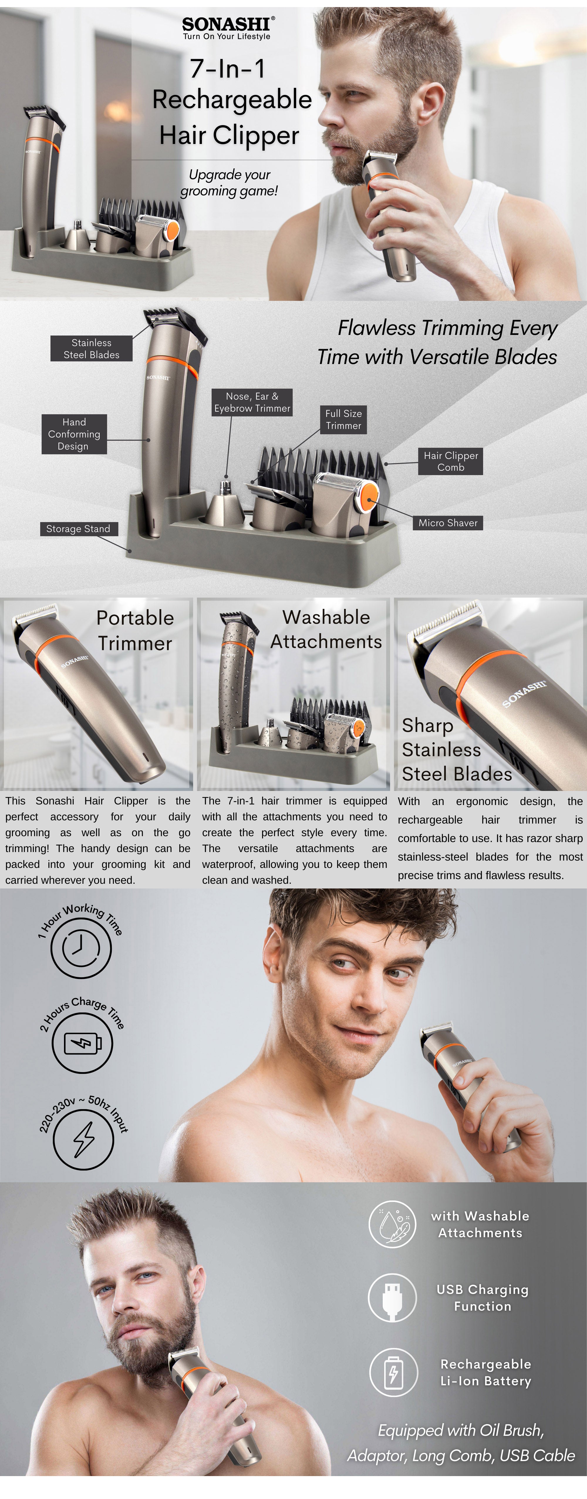 7in1 Rechargeable Hair Clipper  For HairBeardNoseEarBody  HighCapacity Battery And Fast Charging  Cordless and TravelFriendly Clipper  Power of 1000mA  SHC-1014U Metallic Grey 550grams