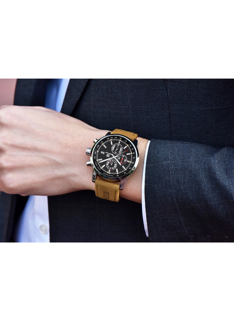 Watches for Men Luxury Quartz Water Resistant Watch Men's Chronograph Genuine Leather Strap 5102 Brown