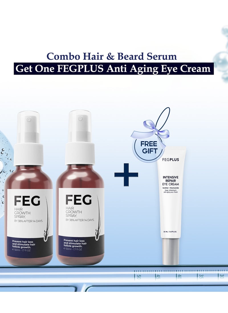 Eyecream with 2Pcs FEGPLUS Hair & Beard Growth Serum (50ml) Control Hair Loss & Regrow Hair, Natural Ingredients Help Hair Stronger & Healthier