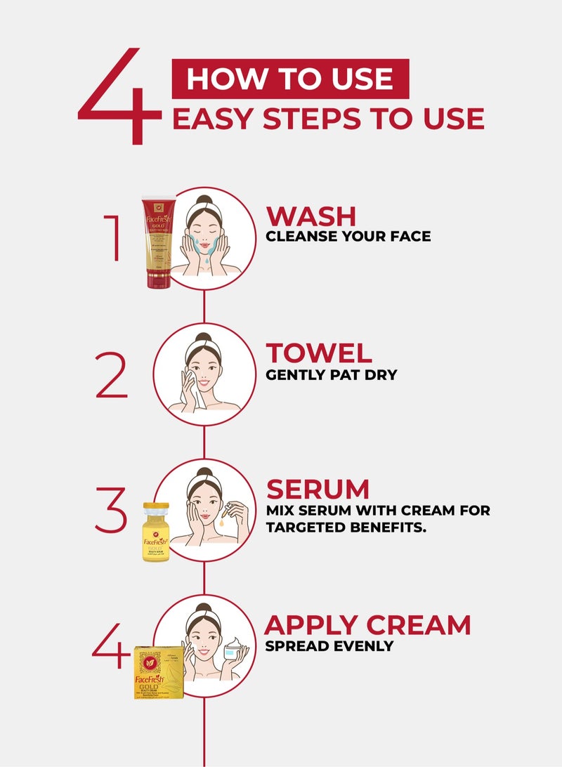 Set of 6 Gold Plus Beauty Cream + Face Serum - Hyaluronic Acid & Niacinamide, Prevents Dryness, Protects Skin from Damage, For All Skin Types 23g + 3ml