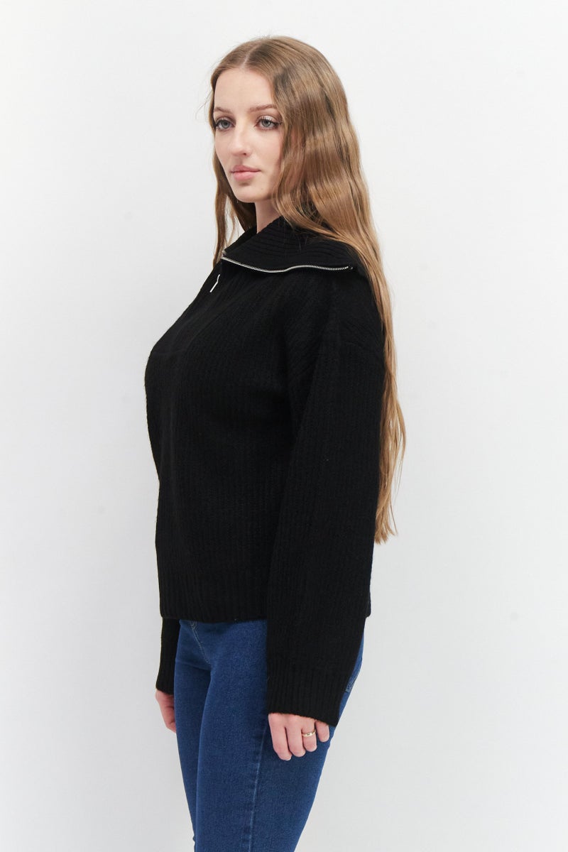 Women Spread Collar Knitted Sweater, Black