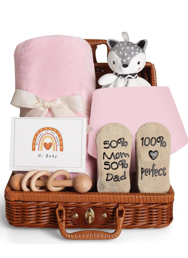 Baby Shower Gifts, New Born Baby Gifts for Boys, Unique Baby Gifts Basket Essential Stuff - Baby Lovey Blanket Newborn Bibs Socks Wooden Rattle & Greeting Card, Newborn Baby Gift Set