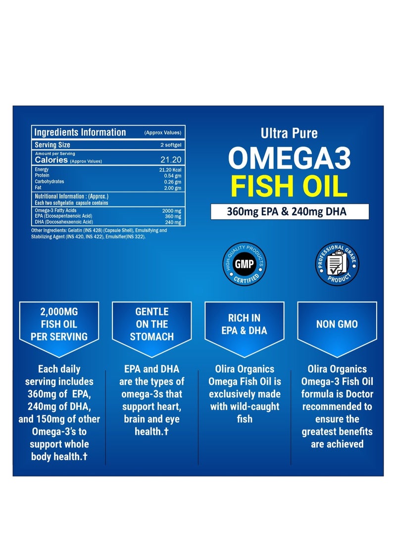 Omega 3 2000mg Double Strength Fish oil 200 Softgels | Promotes Heart and Brain Health