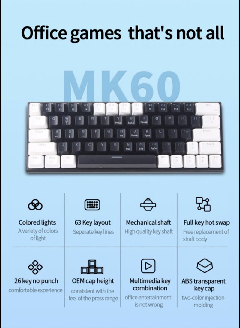 63Key detachable Type-C wired plug-in game mechanical 60% keyboard e-sports computer game RGB mixed light black and white