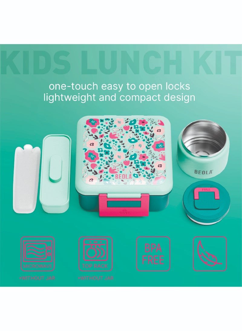 BEOLA Lunch Box for Kids with Food Jar Inside, Multi Compartment Bento Lunch Box with 240ml Food Thermos and Ice Pack, Tiffin Box for Kids with Insulated Steel Jar, Lightweight BPA free(Ever Blooming)