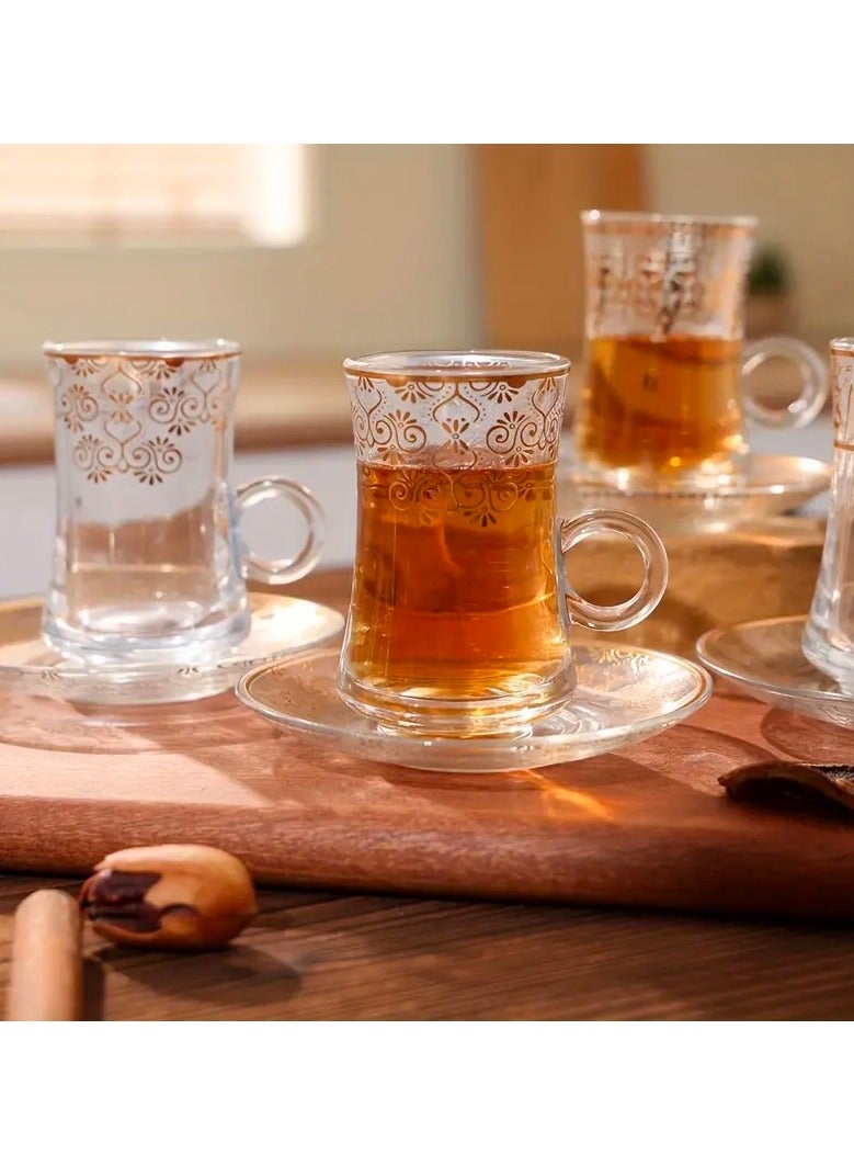 18-Piece Turkish Tea Coffee Cup Luxury Glass Set With Saucer And Spoon Clear Golden