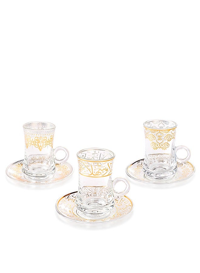 18-Piece Turkish Tea Coffee Cup Luxury Glass Set With Saucer And Spoon Clear Golden