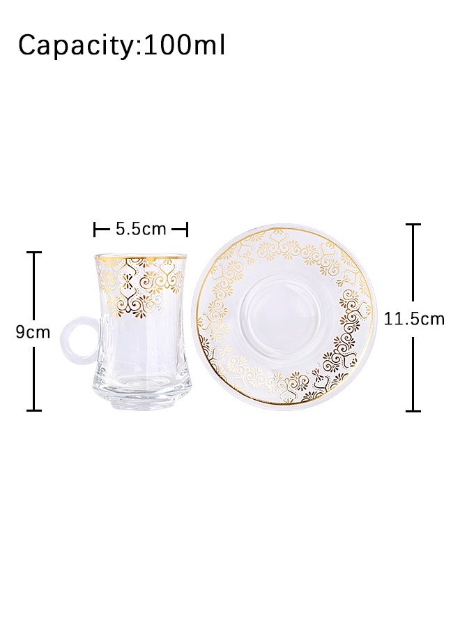 18-Piece Turkish Tea Coffee Cup Luxury Glass Set With Saucer And Spoon Clear Golden