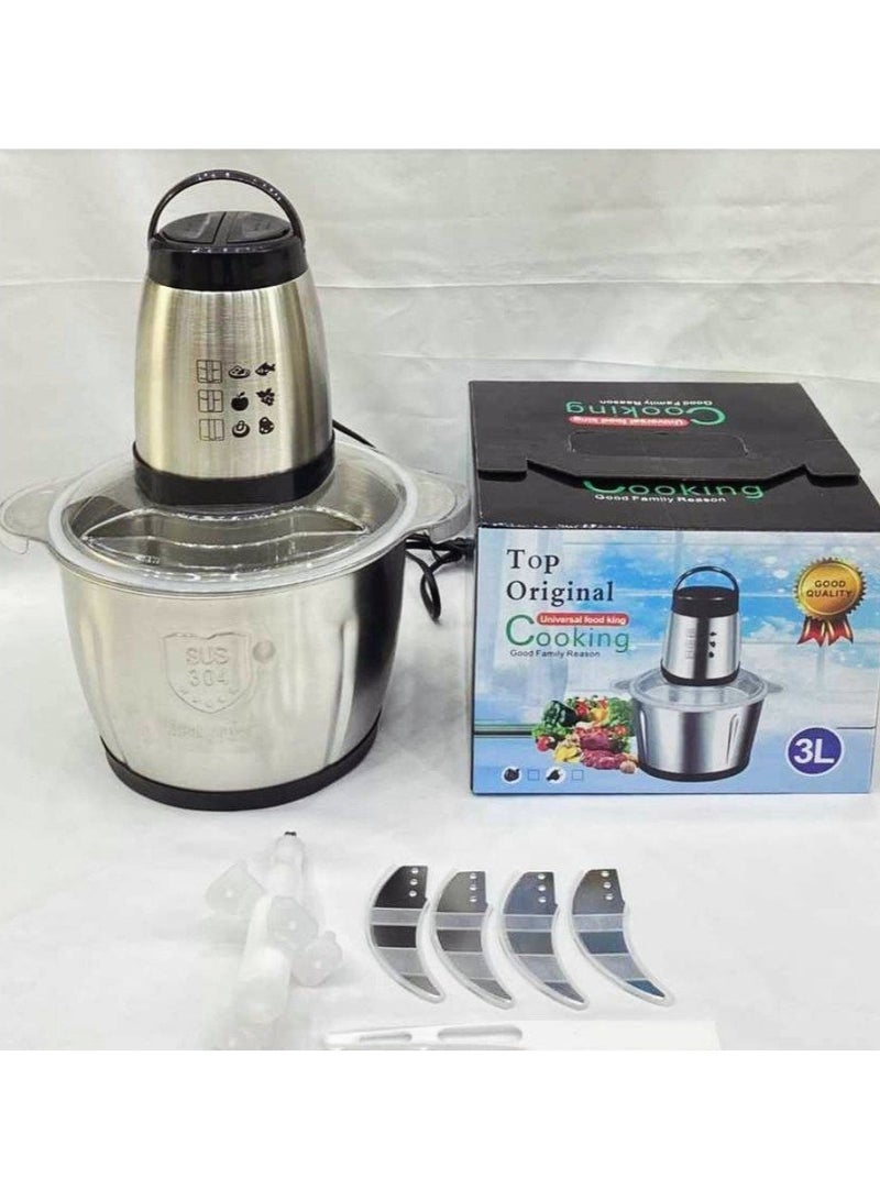 Electric Food Processor and Vegetable Chopper, Professional Kitchen Stainless Steel Electric Meat Grinder with 4 Dual-Level Blades for Meat, Carrot, Onion, Garlic - 2 Speed Regulation (3L)