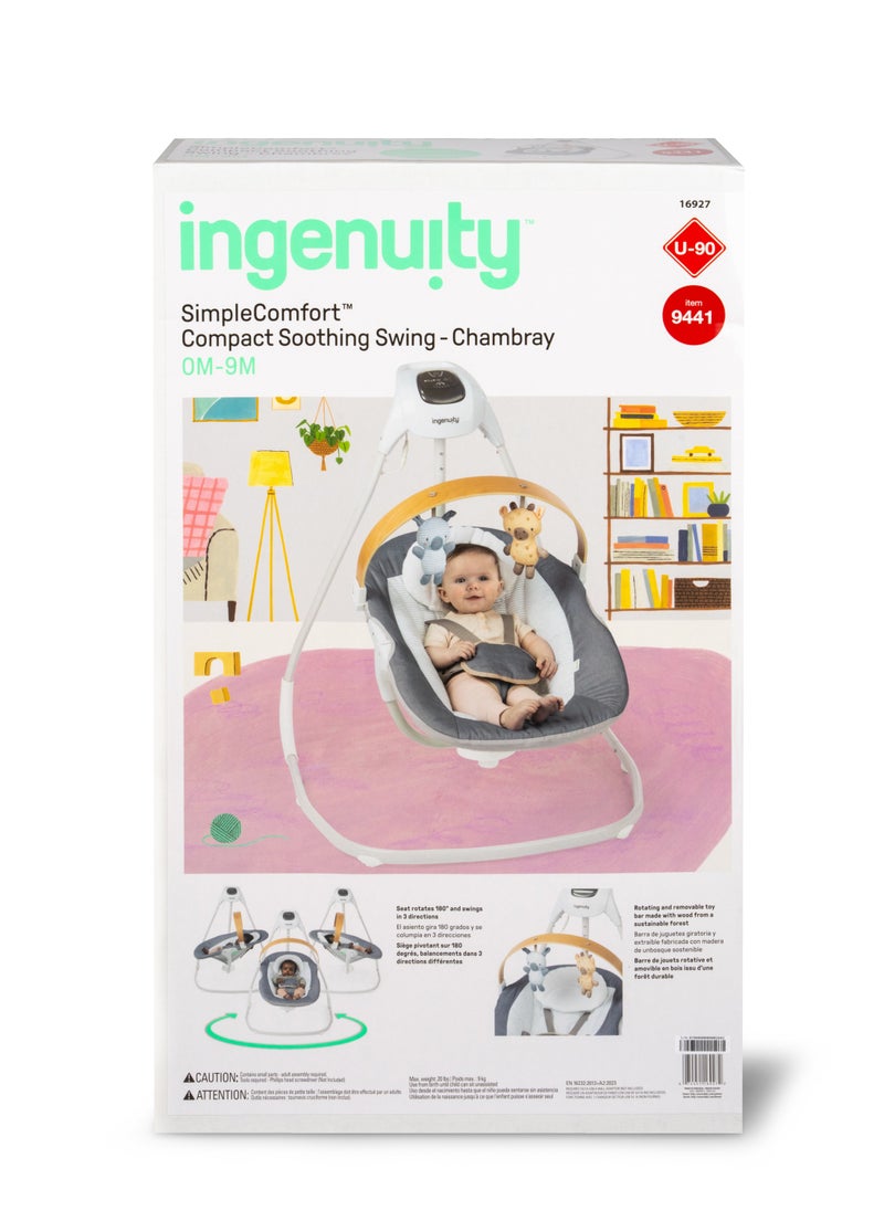 Simple Comfort Compact Soothing Swing With Usb Cord, Safety Harness, 2 Featuring Toys And Sounds, 0 - 9 Months, Chambray