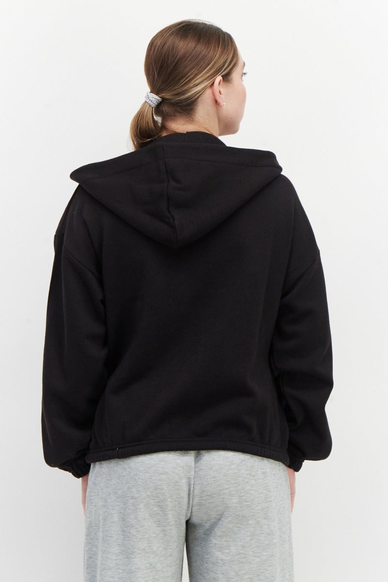 Women Hooded Graphic Print Long Sleeves Sweatshirt, Black