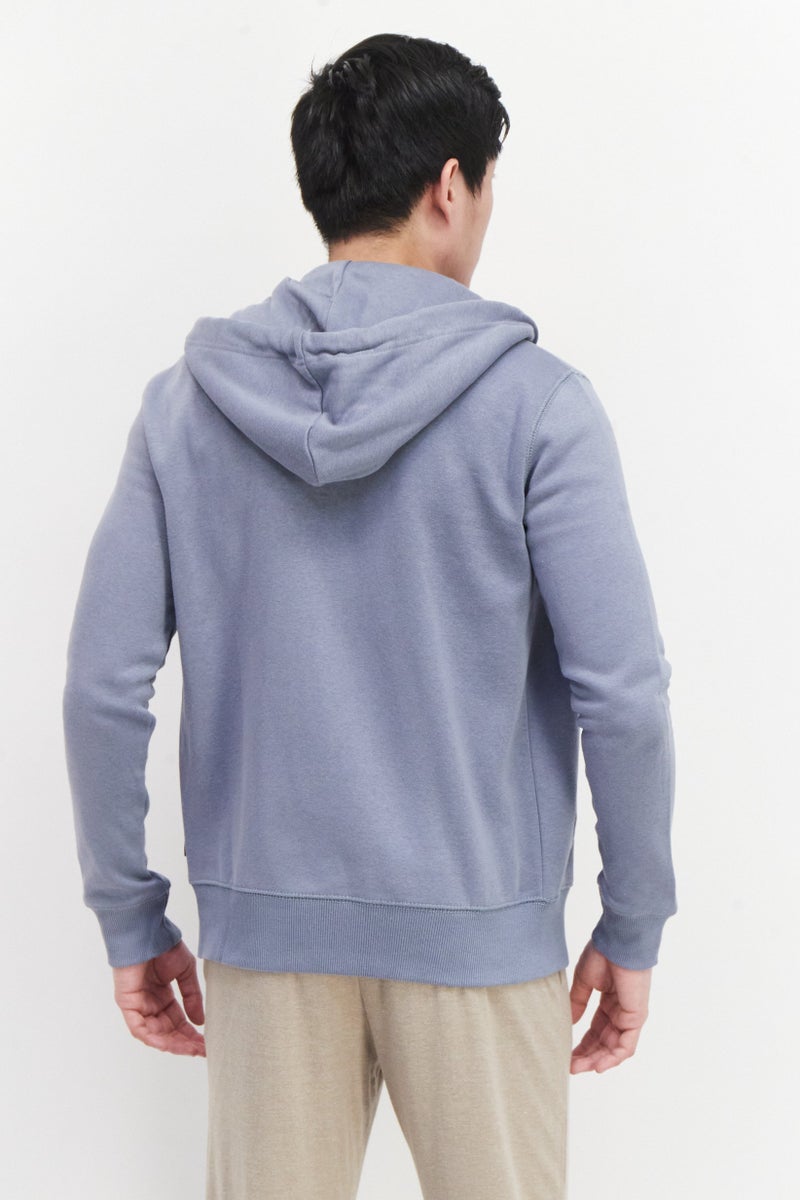 Men Hooded Brand Logo Full Zip Sweatshirt, Sage Blue