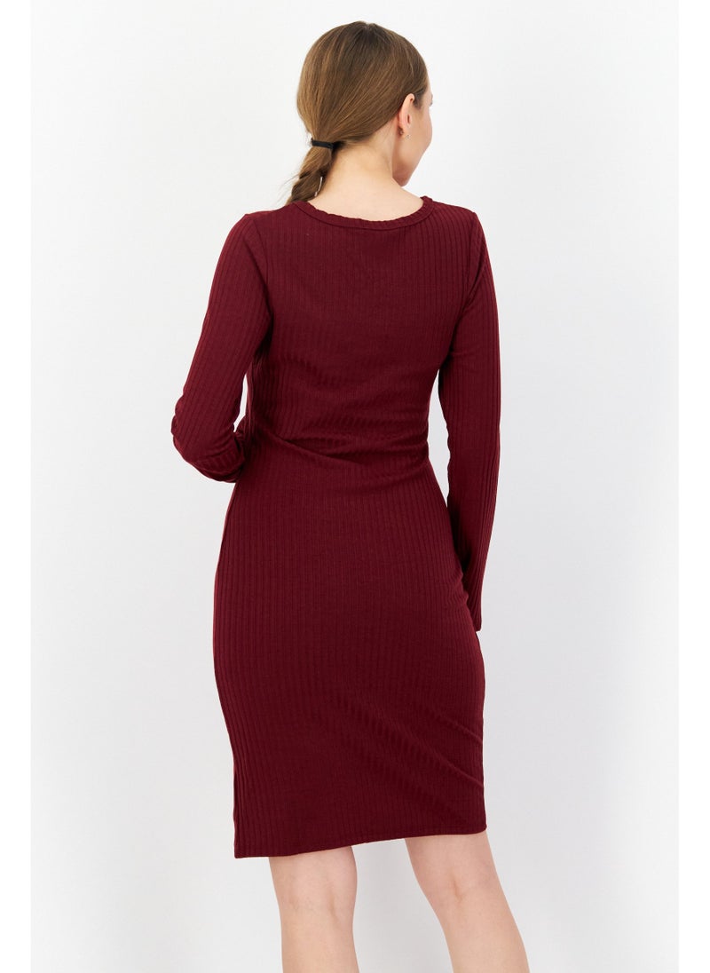 Women Textured Midi Casual Dress, Maroon