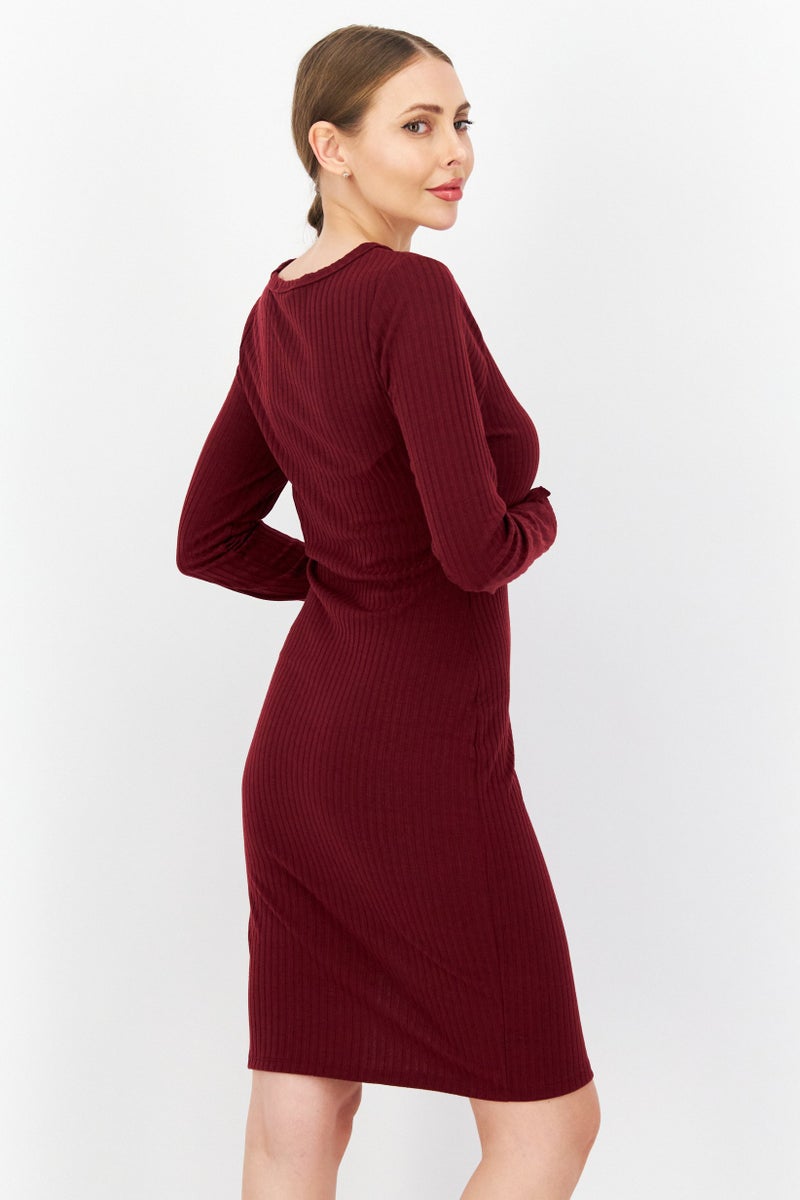 Women Textured Midi Casual Dress, Maroon