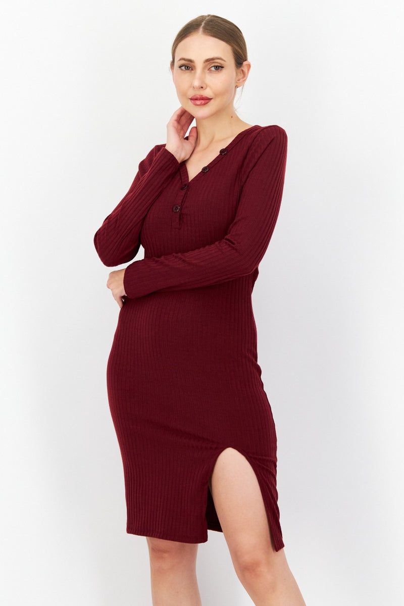 Women Textured Midi Casual Dress, Maroon