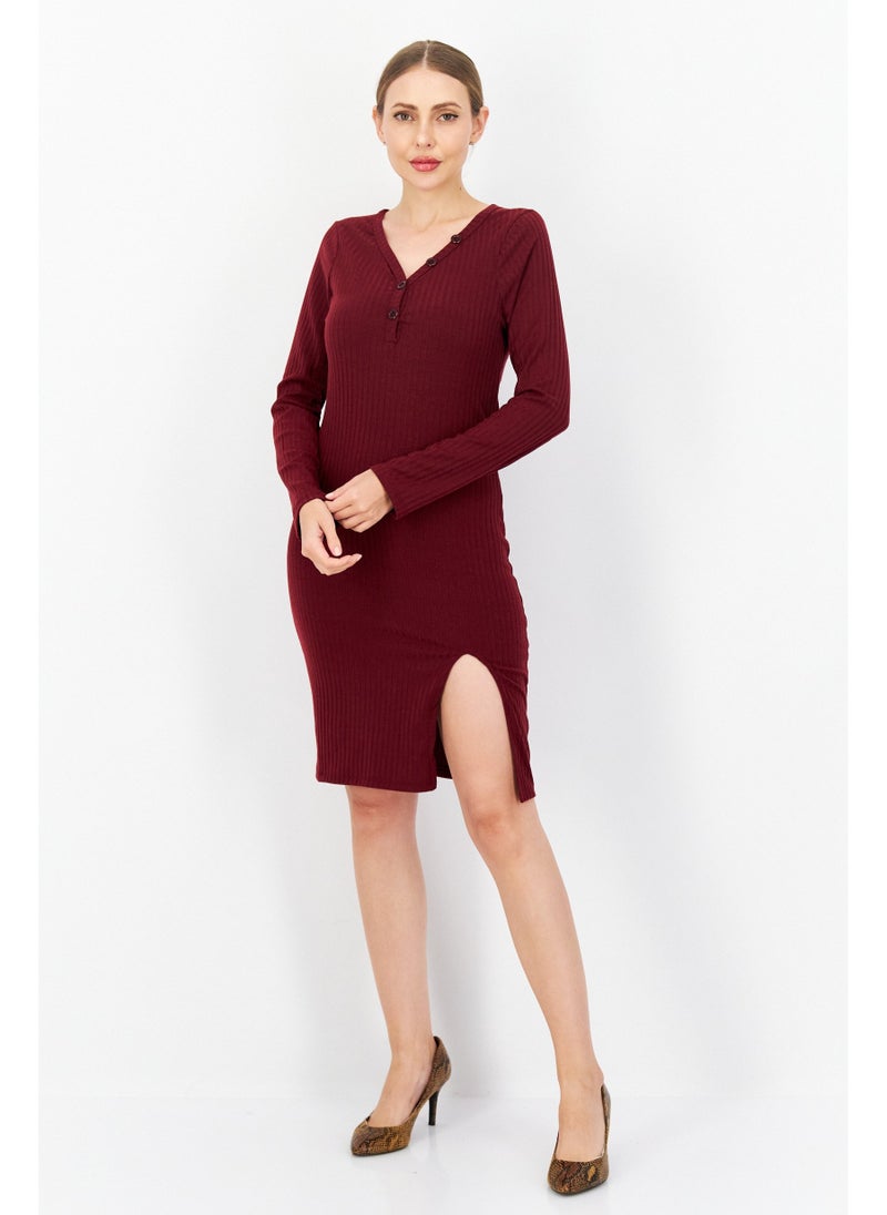 Women Textured Midi Casual Dress, Maroon
