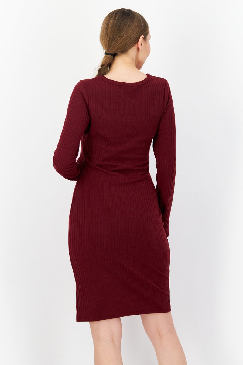 Women Textured Midi Casual Dress, Maroon