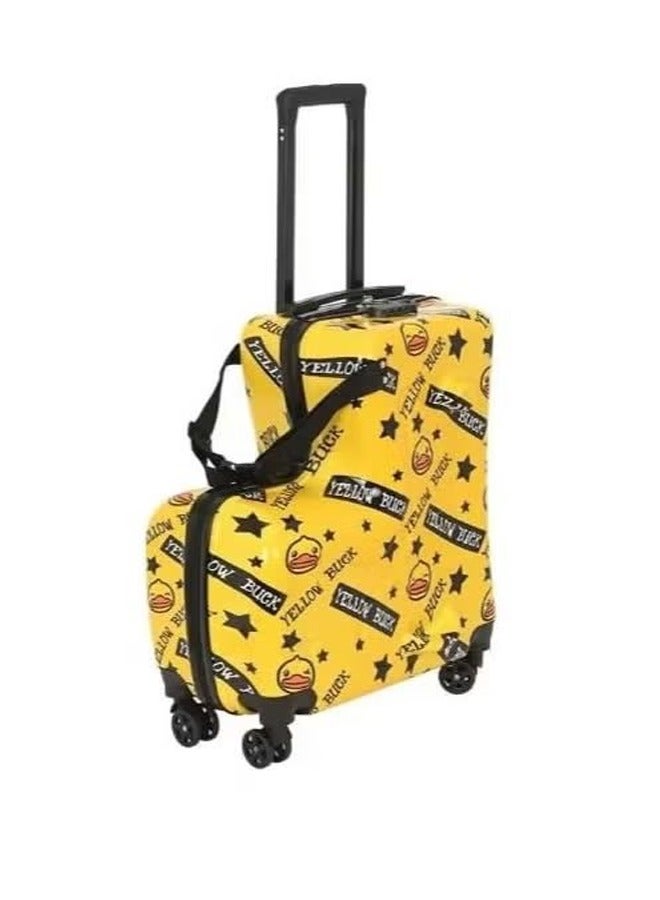 Children travel in suitcases, trolley cases, yellow