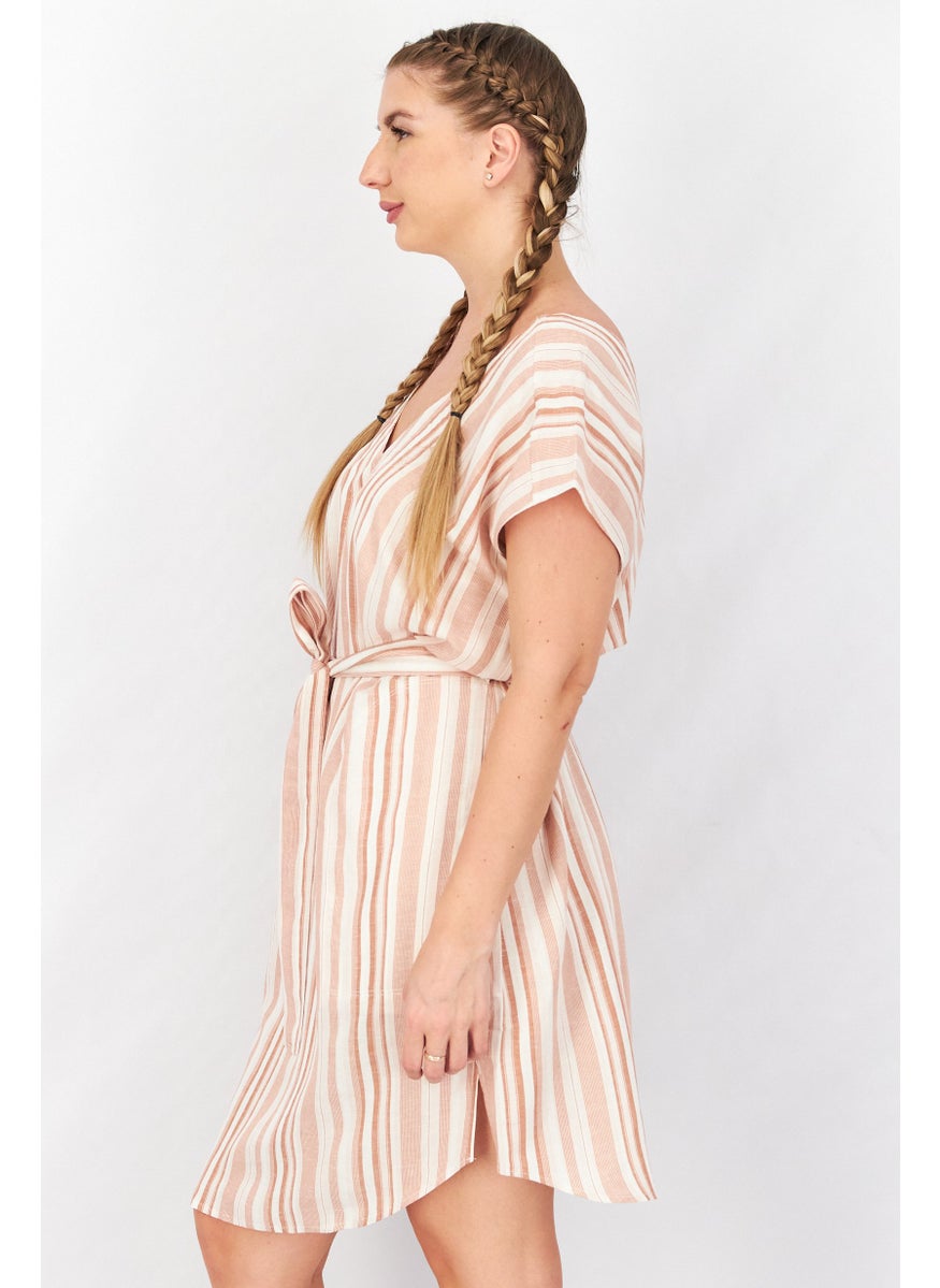 Women Belted Stripe Mini Dress, Pink Combo