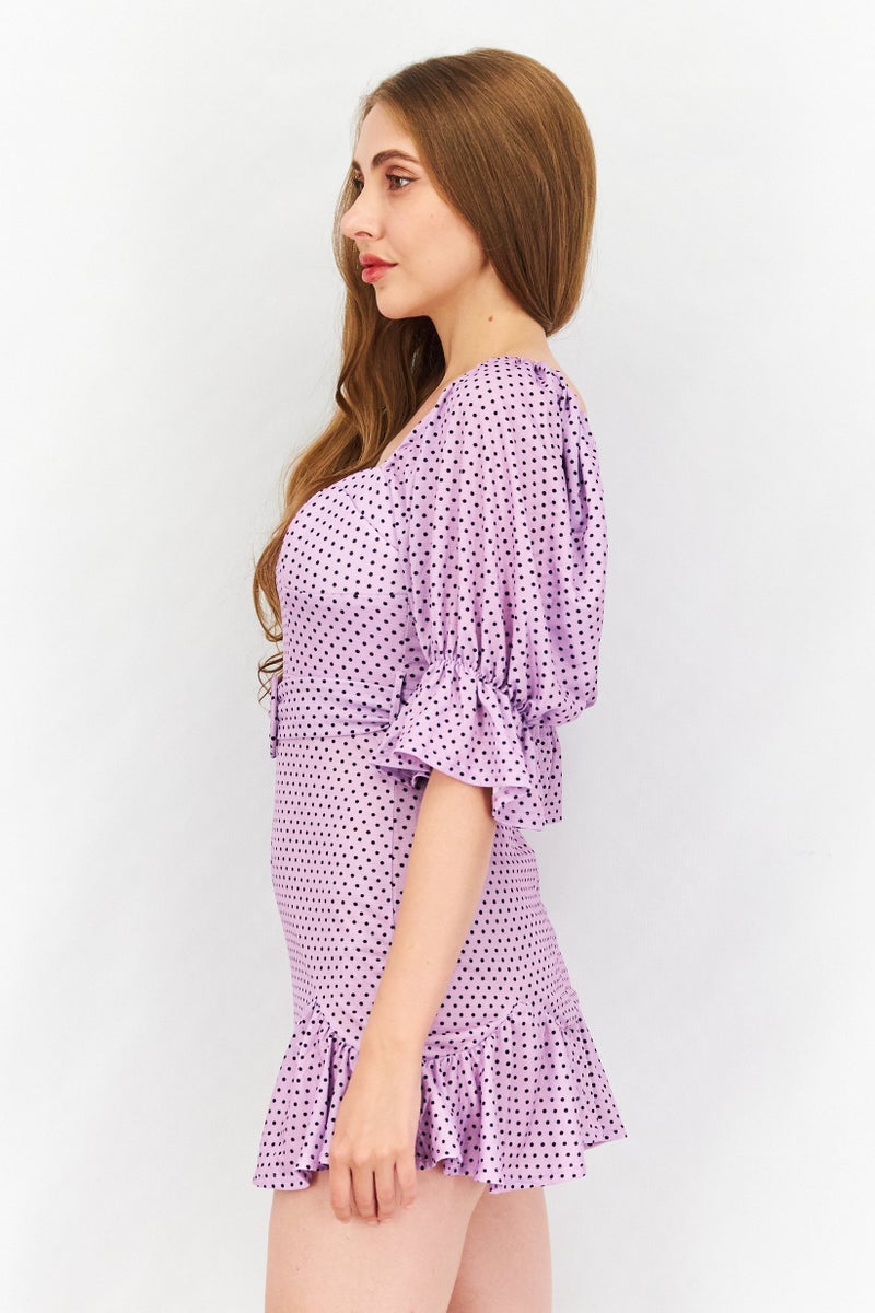 Women Petite Puffed Sleeve Polka Dot Cupped Belted Mini Dress, Lavender