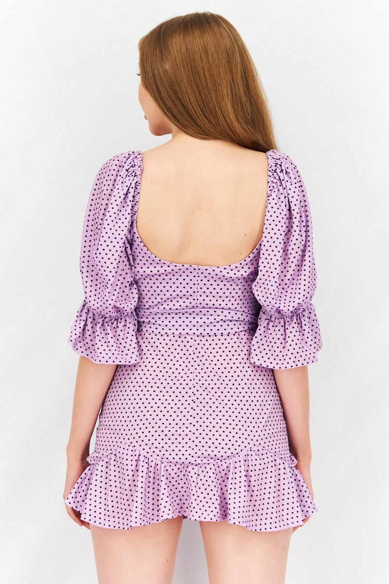 Women Petite Puffed Sleeve Polka Dot Cupped Belted Mini Dress, Lavender