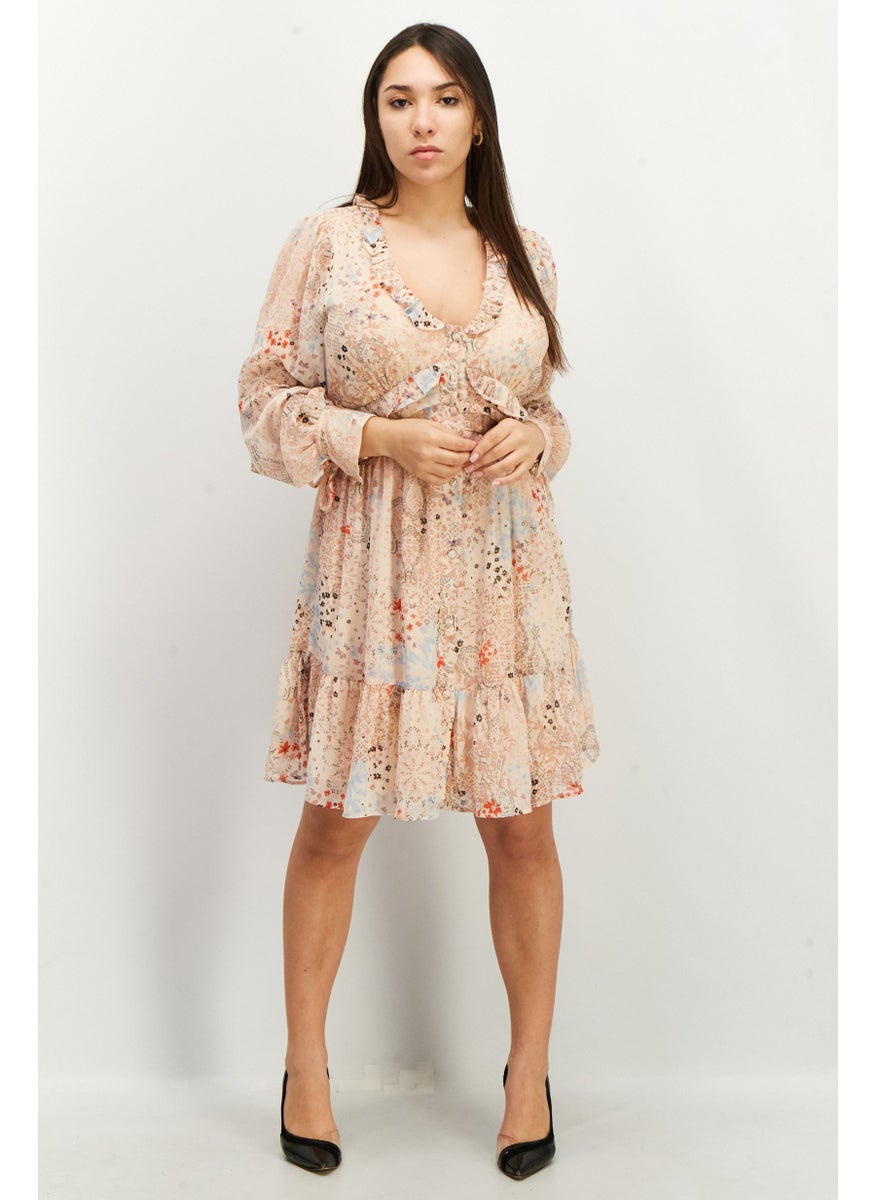 Women Long Sleeve Floral Print Mini Dress, Peach Combo