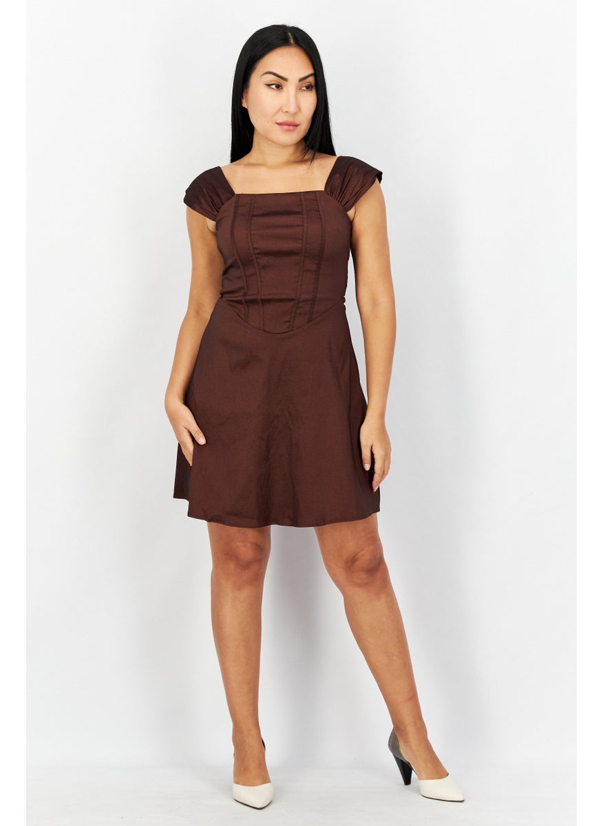 Women Solid Mini Party Dress, Brown