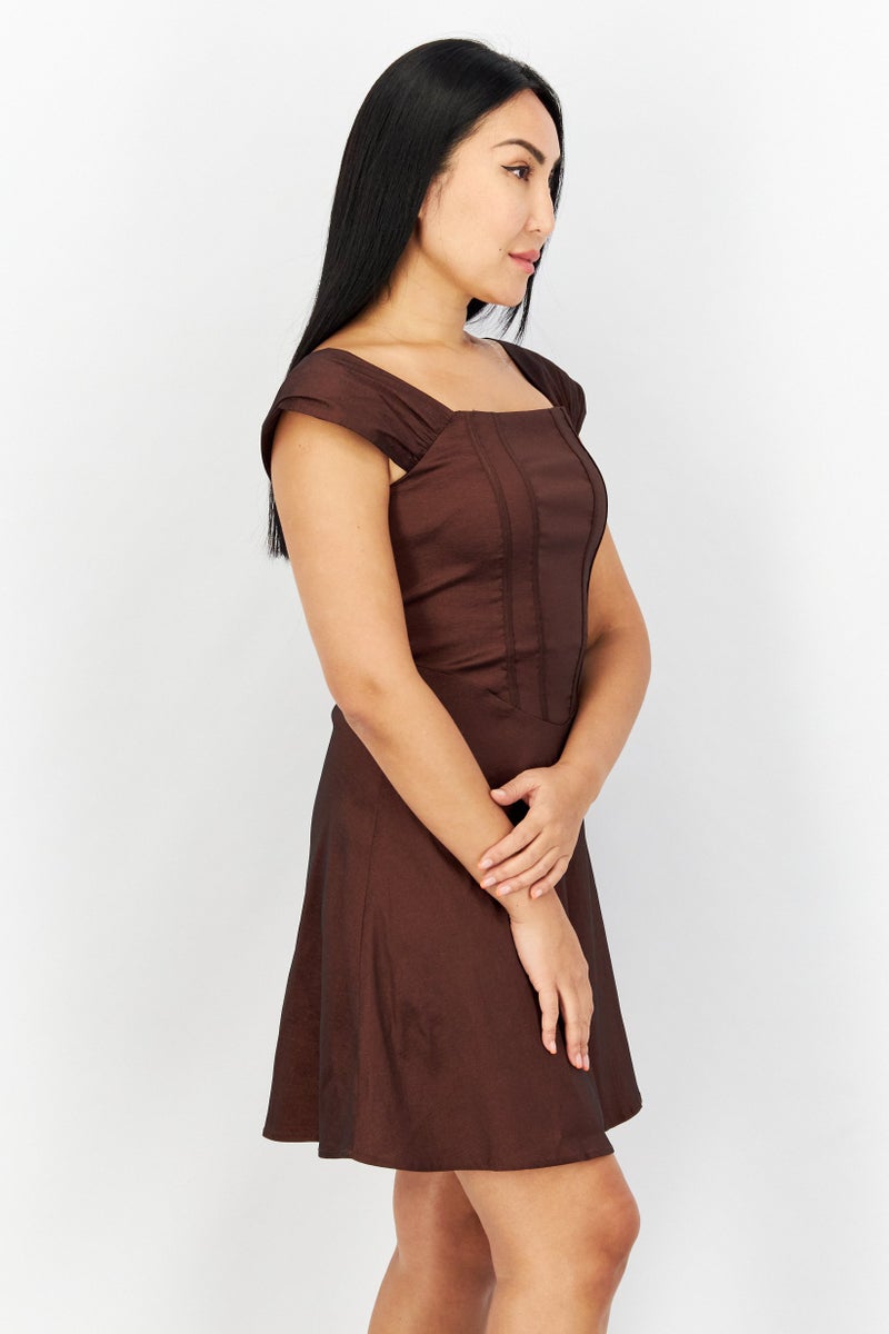 Women Solid Mini Party Dress, Brown