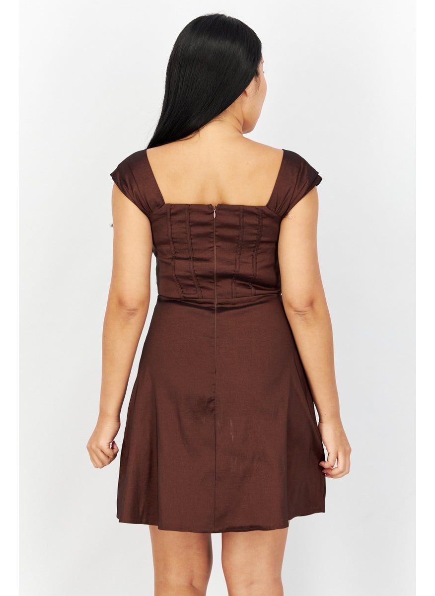 Women Solid Mini Party Dress, Brown