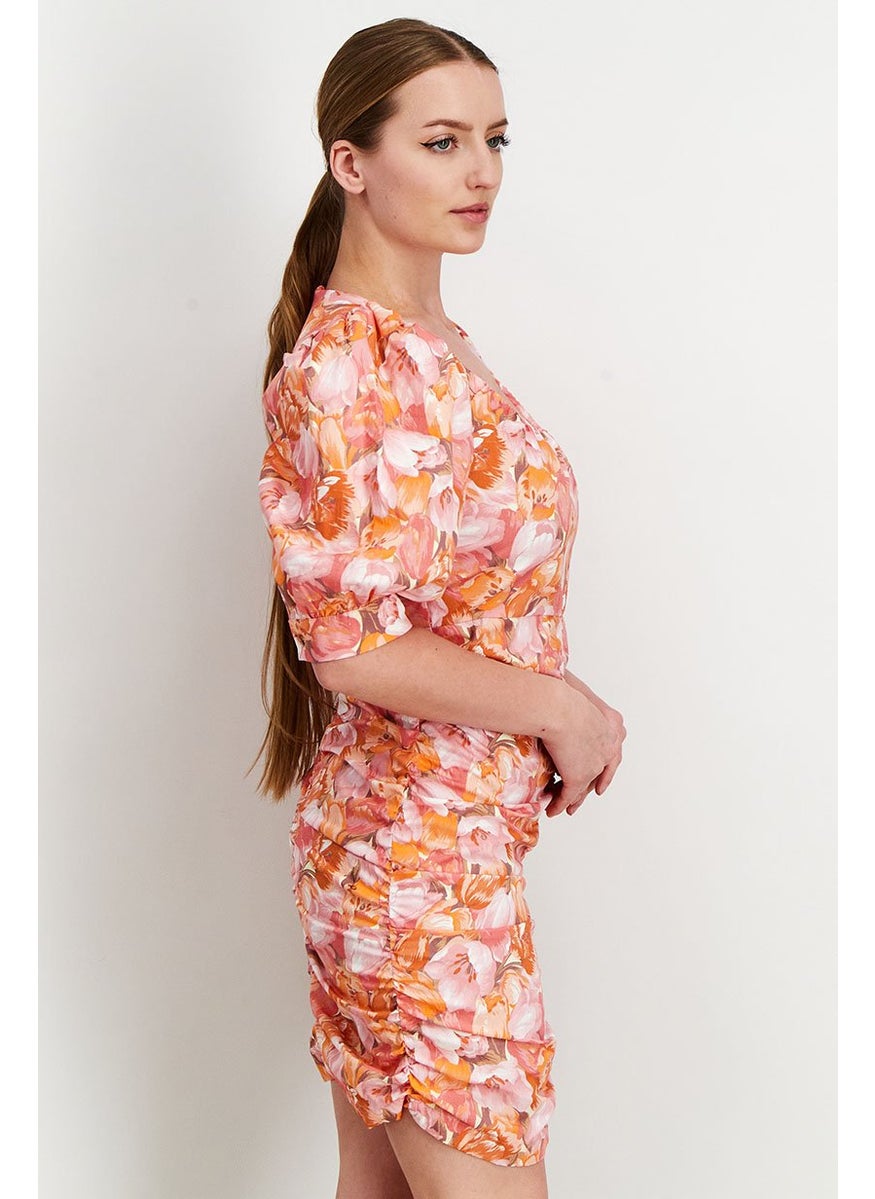 Women Floral Print Mini Dress, Pink/Orange