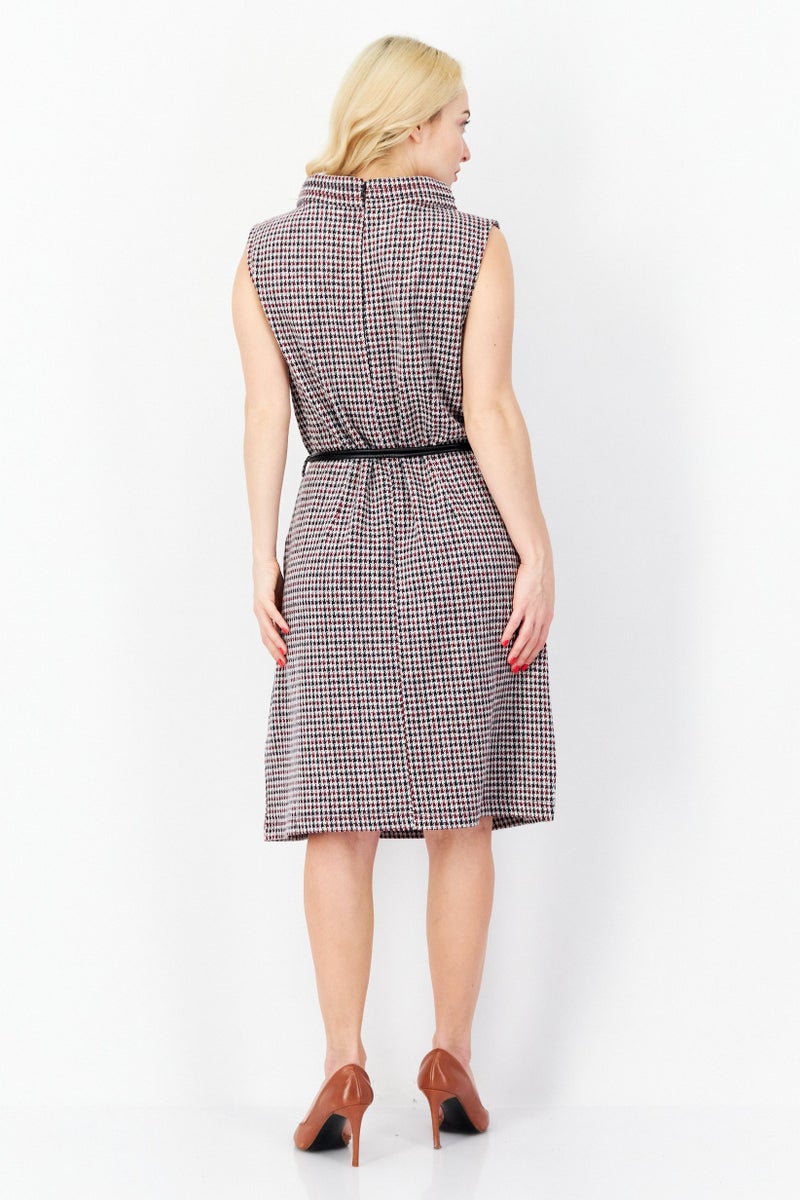 Women Textured Tie Waist Midi Dress, Black Combo