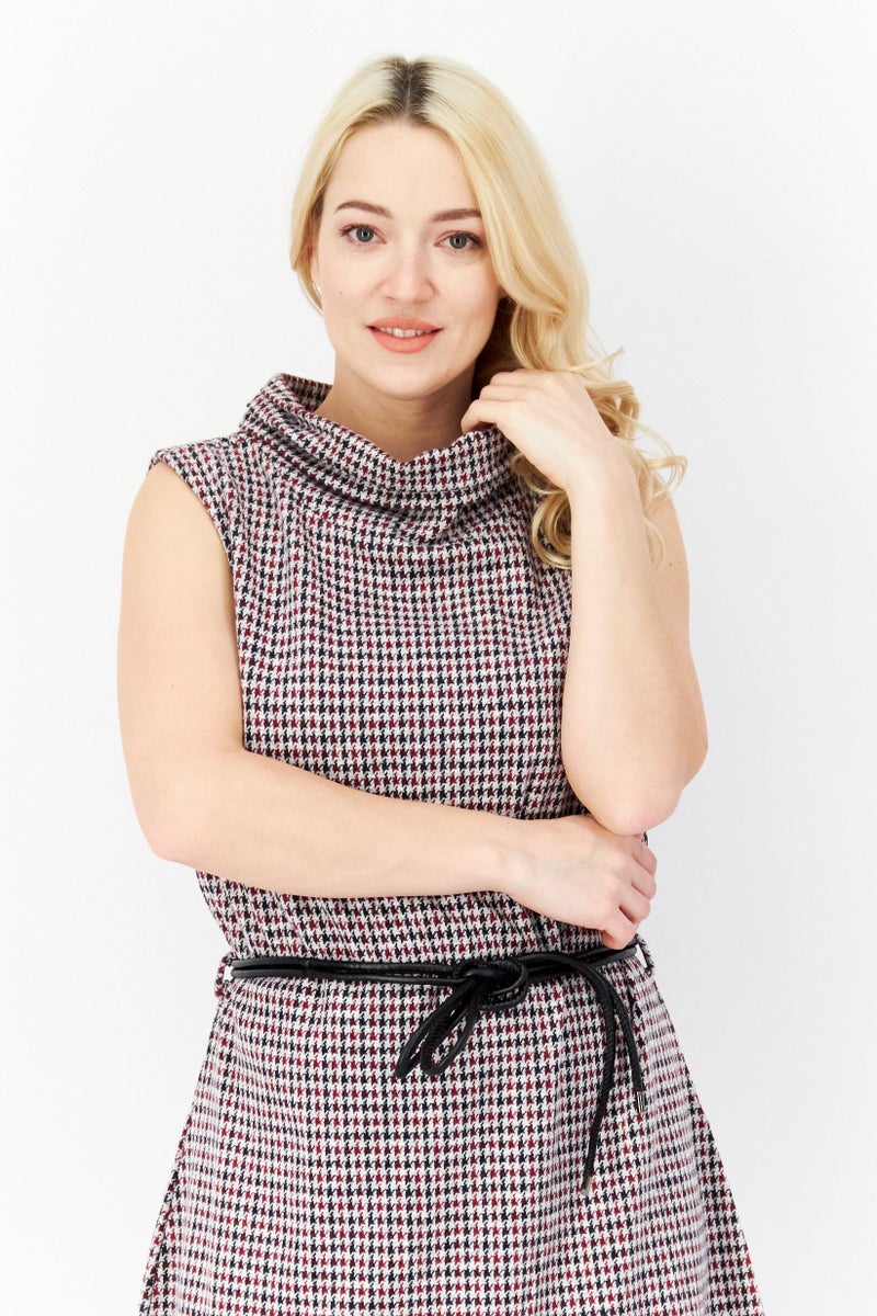 Women Textured Tie Waist Midi Dress, Black Combo