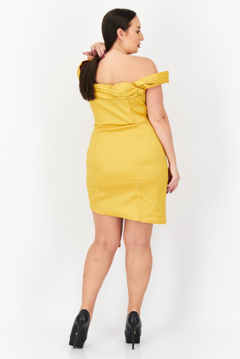 Women Plus Size  Plain Off Shoulder Mini Dress, Gold