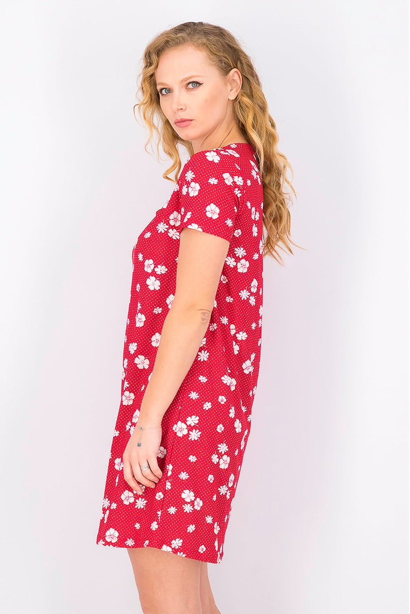Women Short Sleeve Floral Print Mini Dress, Red