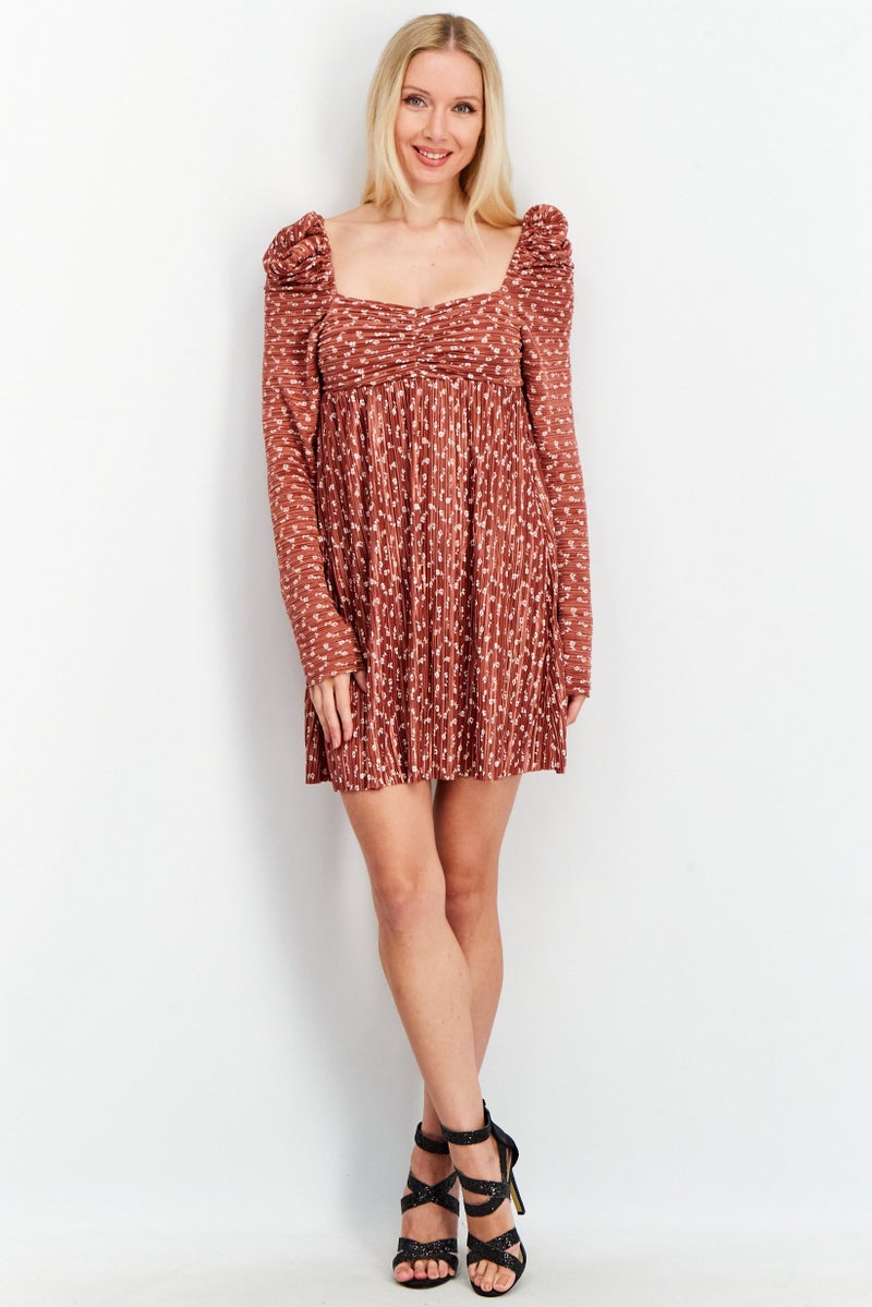 Women Textured Mini Dress, Brown
