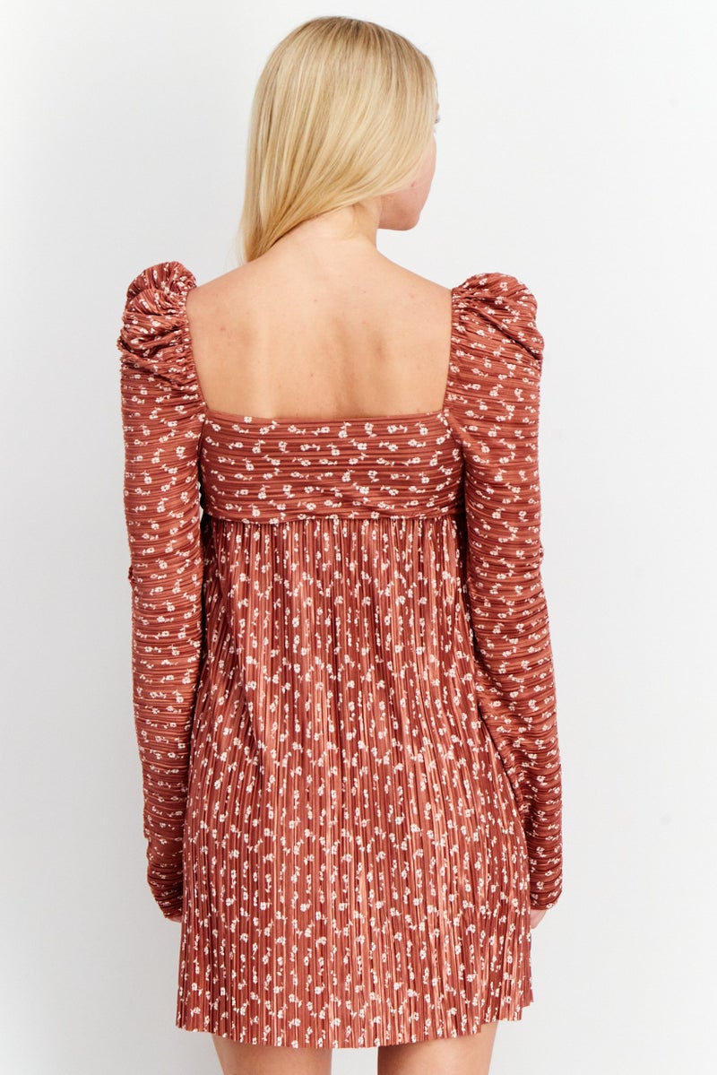 Women Textured Mini Dress, Brown