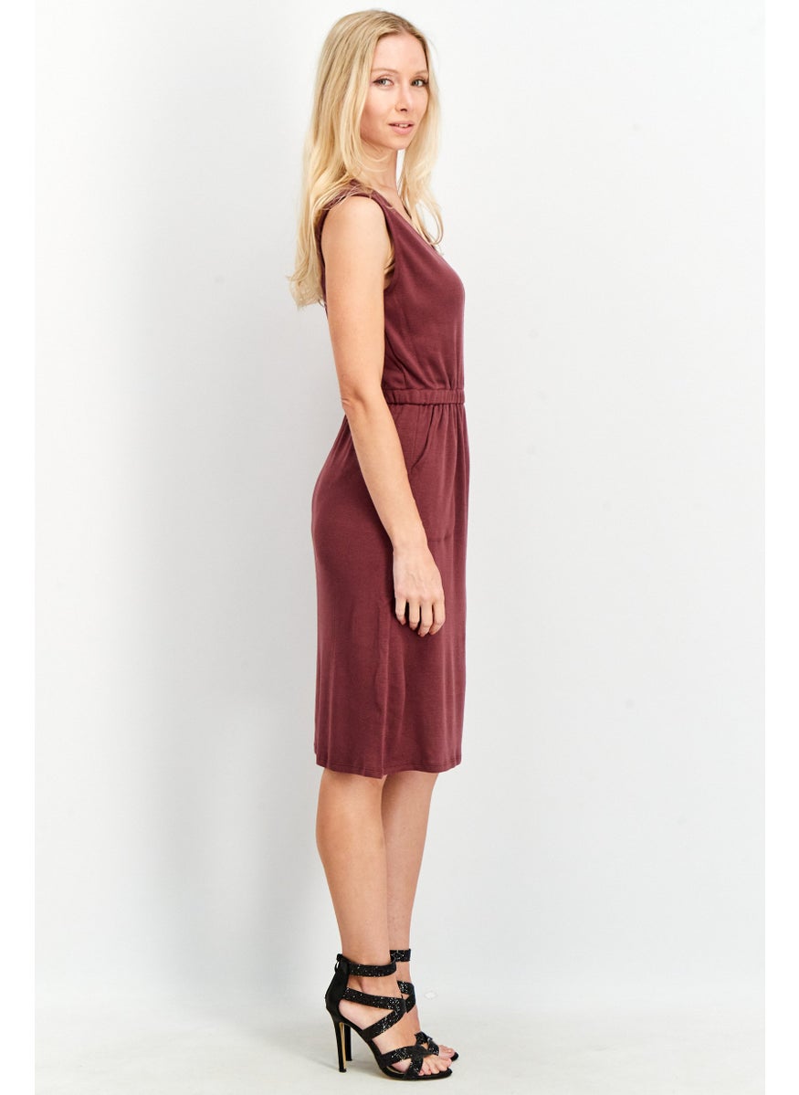 Women Textured V Neck Midi Dress, Currant