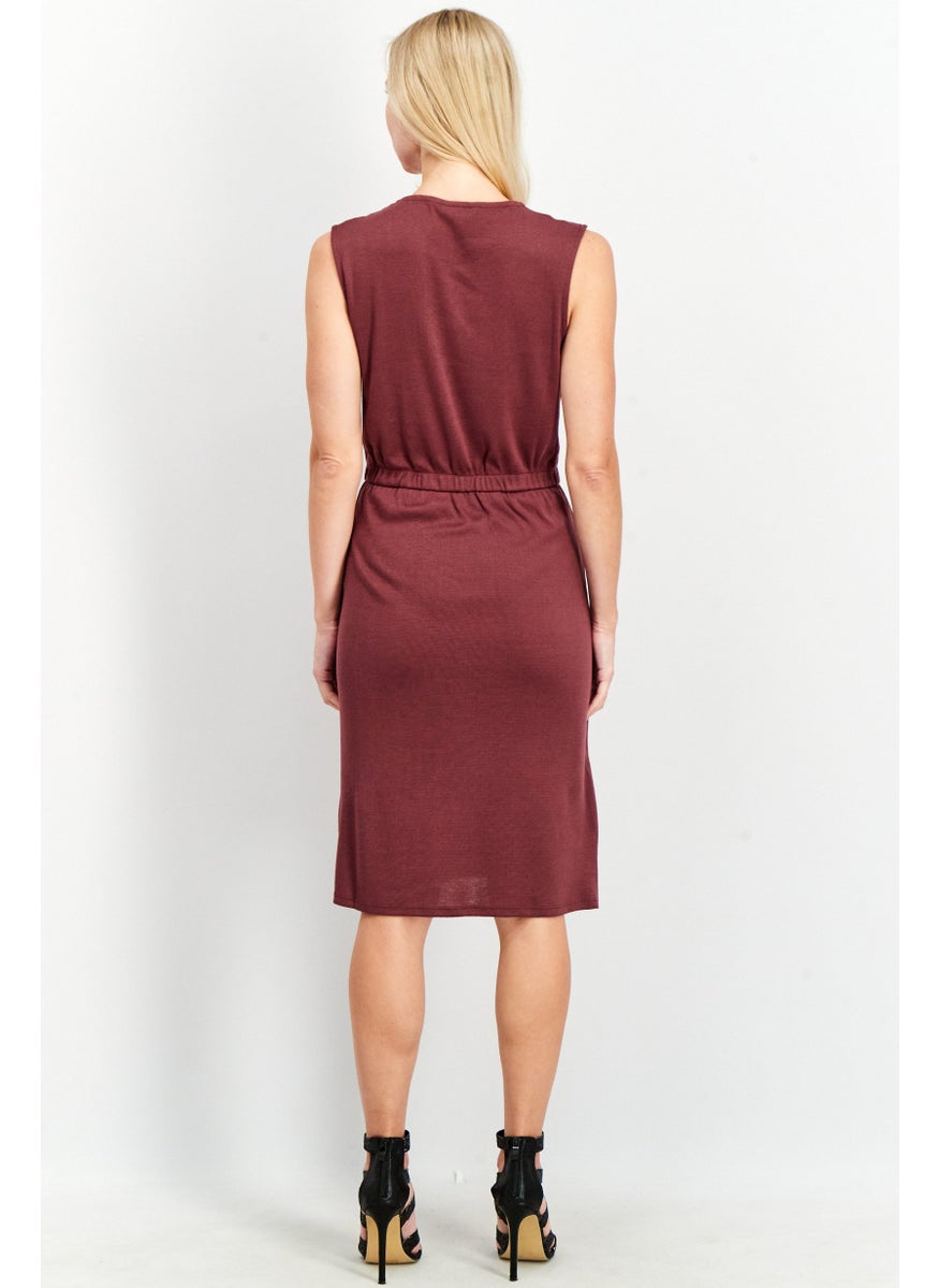 Women Textured V Neck Midi Dress, Currant